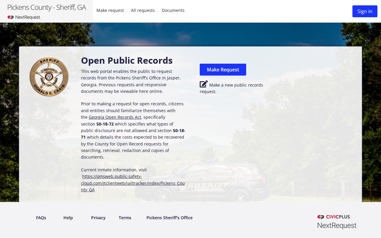 Pickens County outstanding warrant records request portal